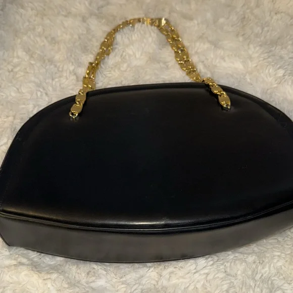 Vintage black leather Crown Lewis purse bag w/ gold chain - Picture 5 of 11